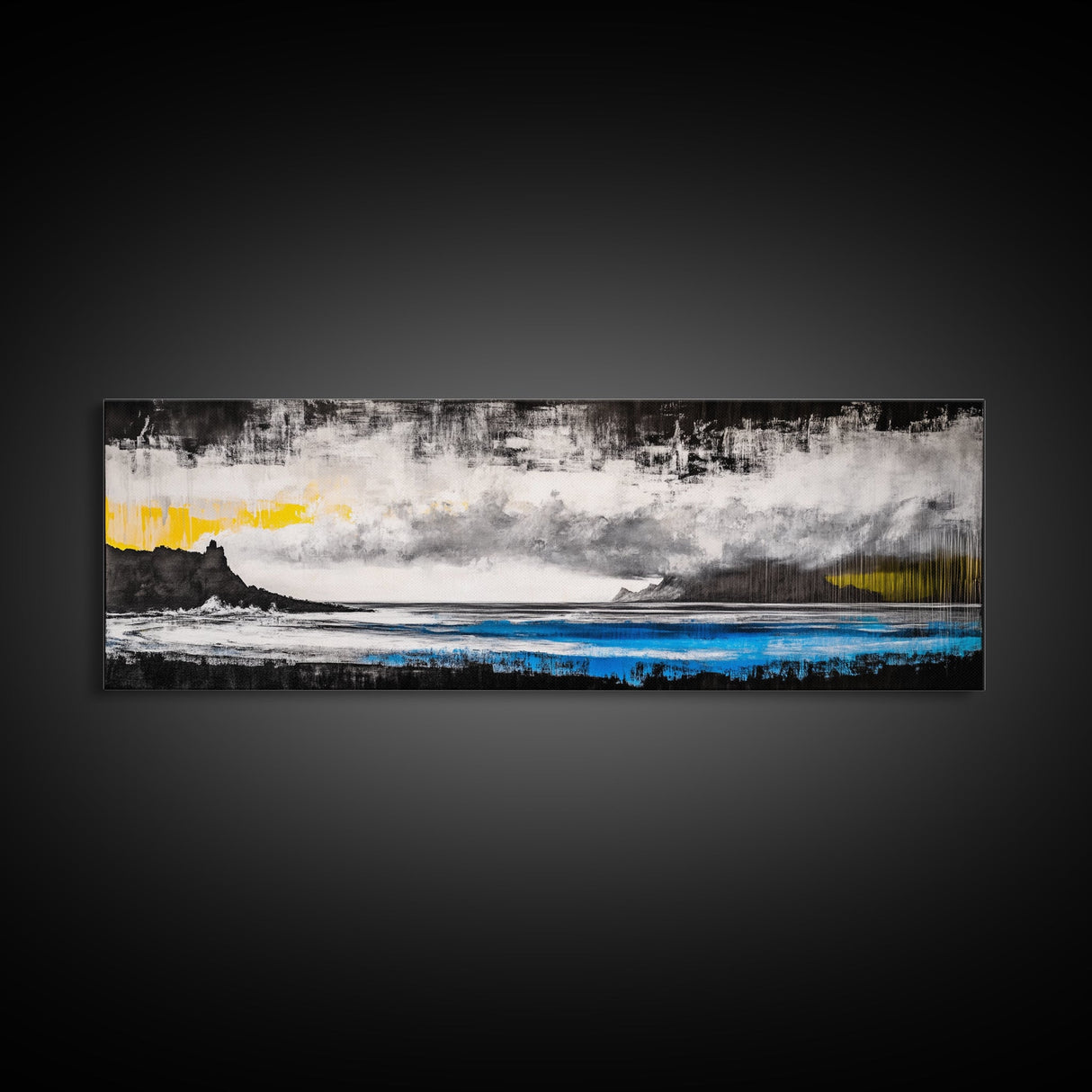 Stormy Ocean, Coastal Scene, Framed Canvas Print, Black and White Wall Art, Dramatic Seascape, Office Decor, Moody Landscape Painting