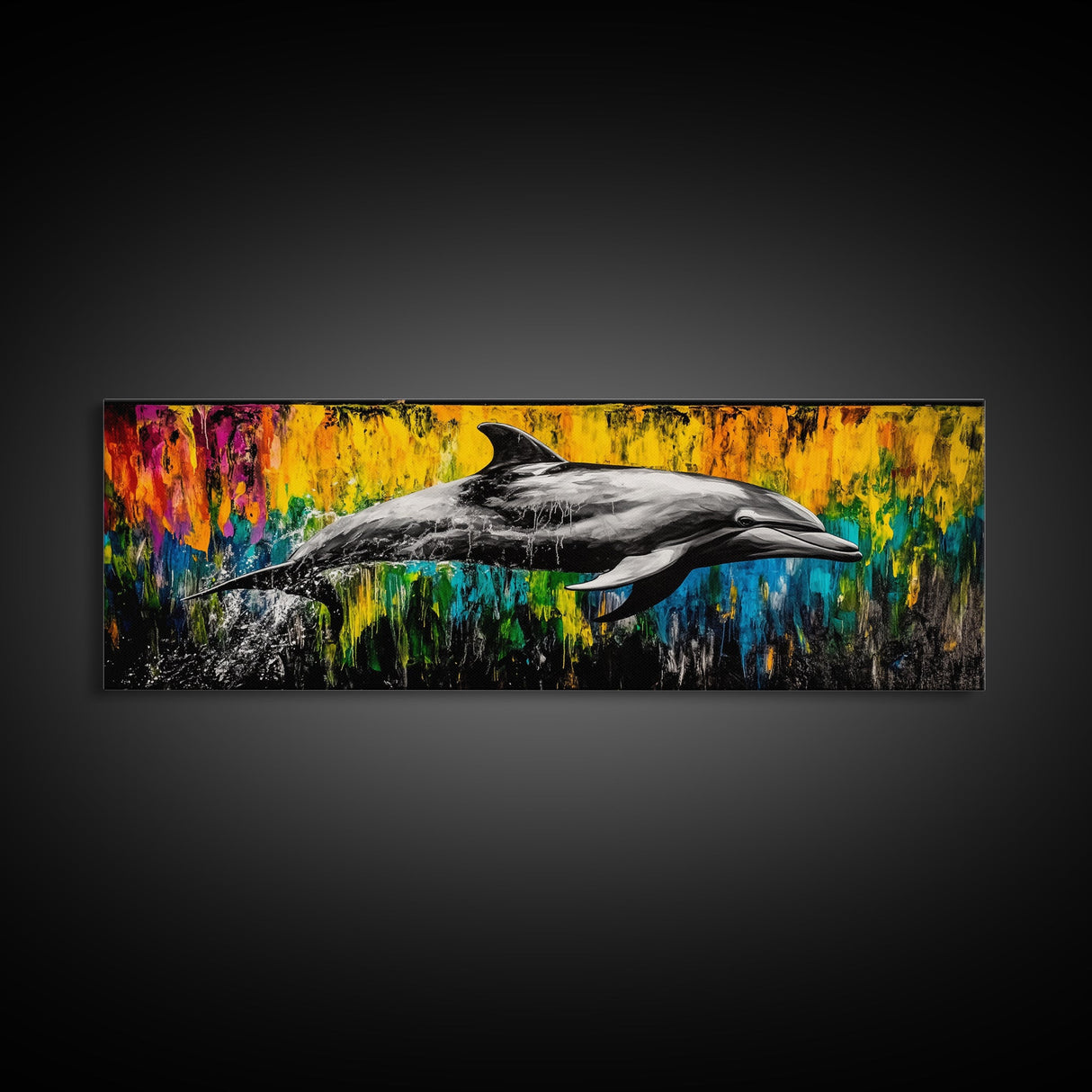Dolphin Splash, Ocean Wildlife, Framed Canvas Print, Colorful Wall Art, Beach House Decor, Living Room Art, Vibrant Sea Life Painting