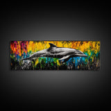 Dolphin Splash, Ocean Wildlife, Framed Canvas Print, Colorful Wall Art, Beach House Decor, Living Room Art, Vibrant Sea Life Painting