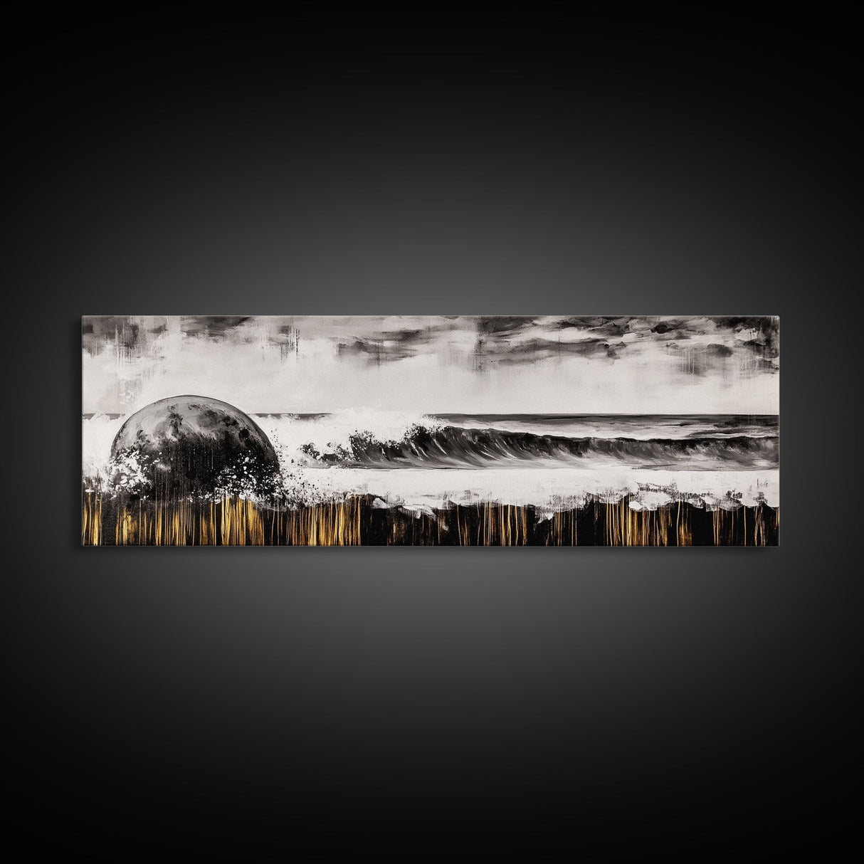Surreal Ocean Art, Black and White Wave Print, Modern Seascape Painting, Coastal Wall Decor, Abstract Beach Canvas Print, Framed Canvas Print