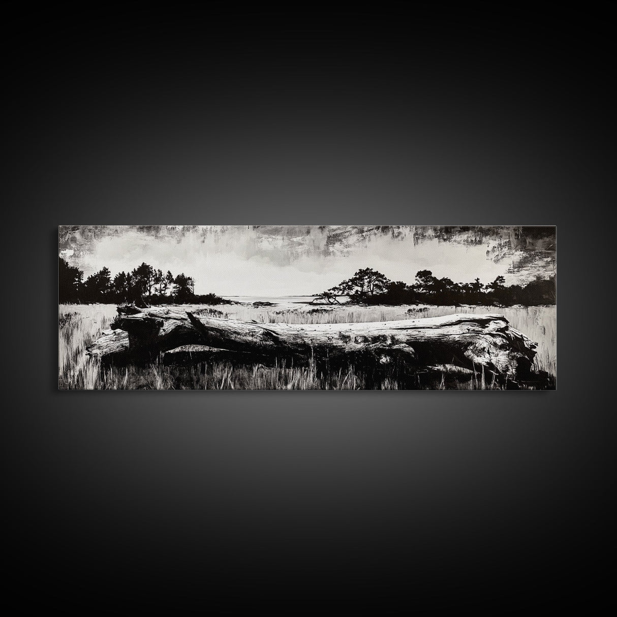 Driftwood Beach, Coastal Landscape, Framed Canvas Print, Black and White Wall Art, Nature Photography Style, Serene Home Decor, Bedroom Art