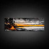 Campfire by Lake, Sunset Landscape Art, Cozy Rustic Print, Fall Wall Decor, Outdoor Adventure Canvas Print, Framed Canvas Print
