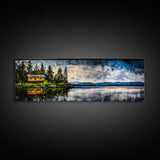 Cabin on the Lake, Peaceful Landscape, Nature Lover Art, Framed Canvas Print, Mountain View, Serene Wall Decor, Scenic Painting