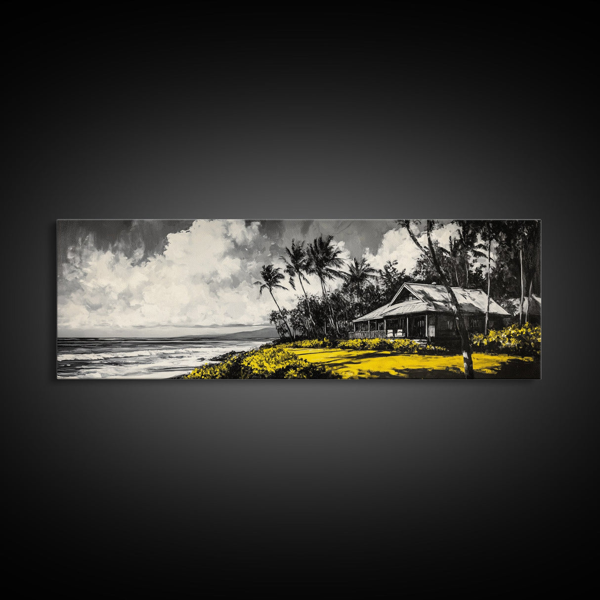 Tropical Beach House, Coastal Landscape Painting, Black and White Palm Tree Print, Island Wall Decor, Relaxing Canvas Print, Framed Canvas Print