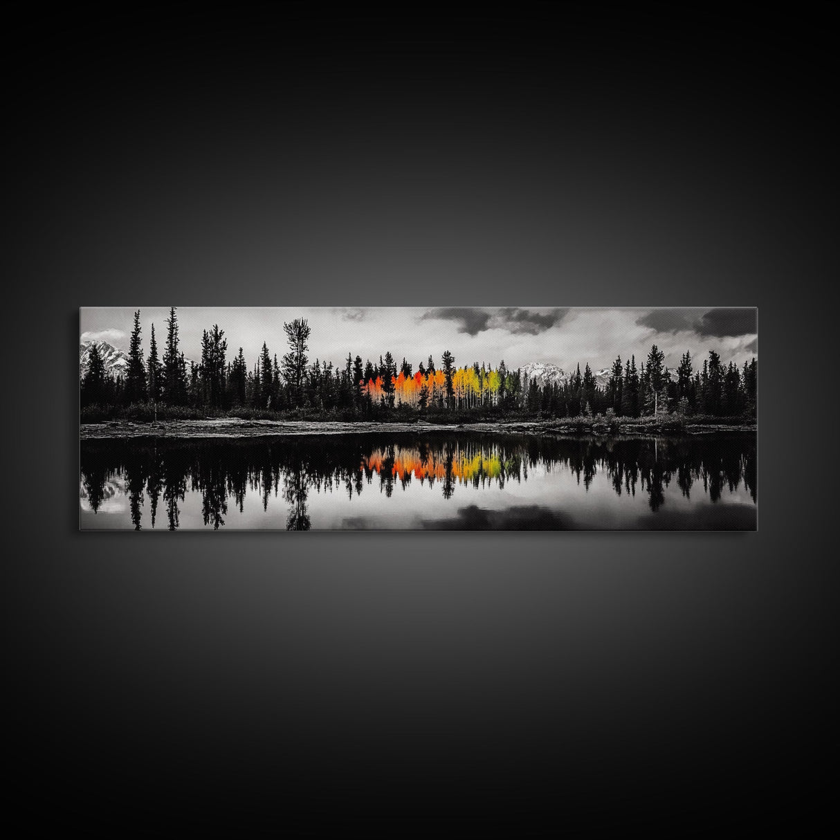 Fall Reflections, Black and White Forest, Vibrant Autumn Colors, Nature Photography, Living Room Wall Art, Canvas Print, Large Wall Art