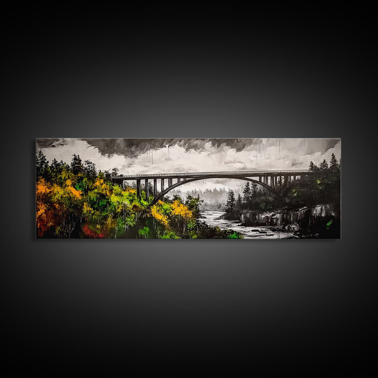 Forest Bridge, Scenic Landscape, River Valley, Canvas Print, Rustic Wall Art, Cabin Decor, Nature Inspired, Living Room Art, Moody Aesthetic