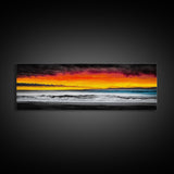 Fiery Sunset, Beach Scene, Ocean Waves, Vibrant Seascape, Framed Canvas Print, Living Room Art, Modern Coastal Wall Art, Beach House Decor