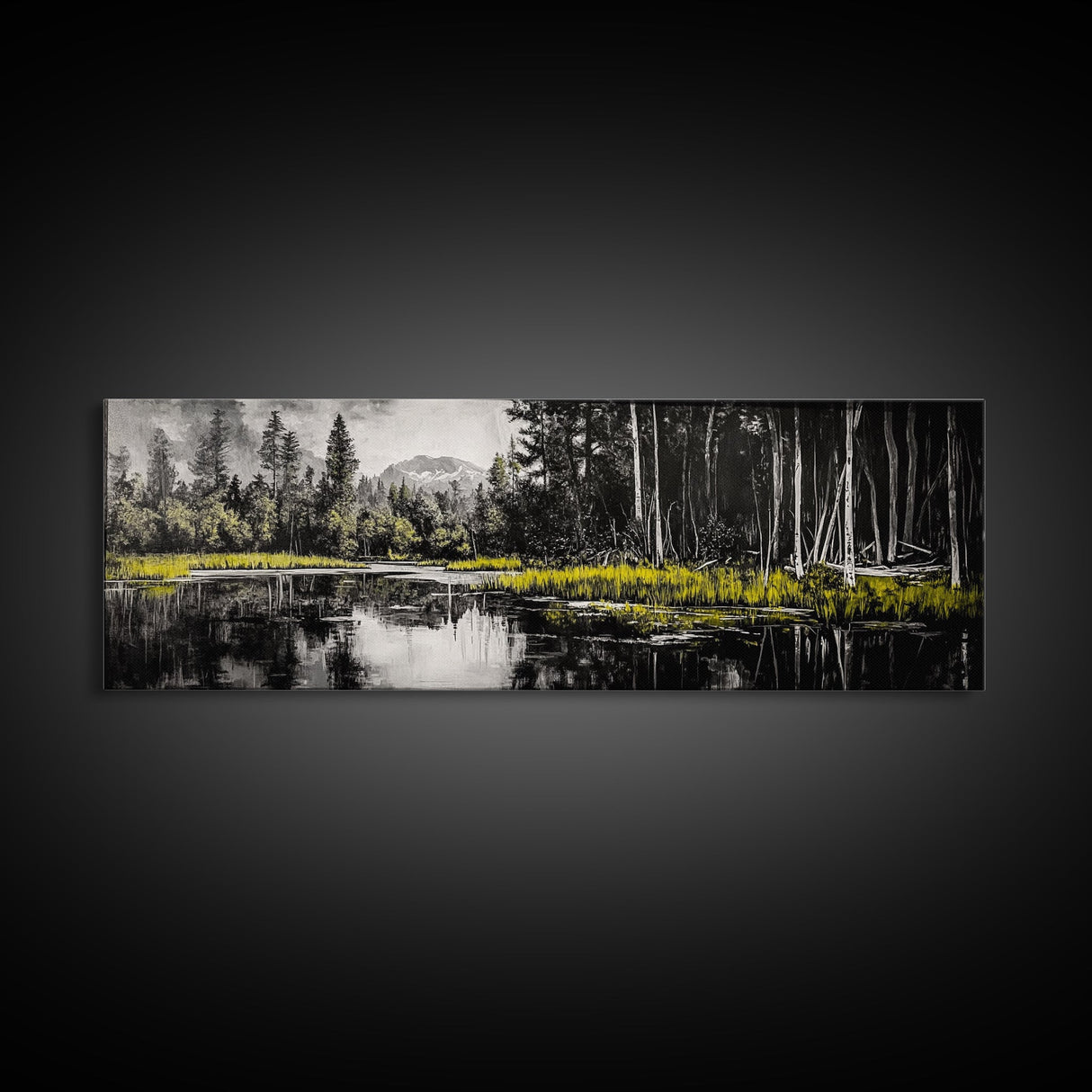 Misty Forest, Mountain Reflections, Black and White Nature Art, Framed Canvas Print, Living Room Decor, Wilderness Wall Art, Scenic Landscape