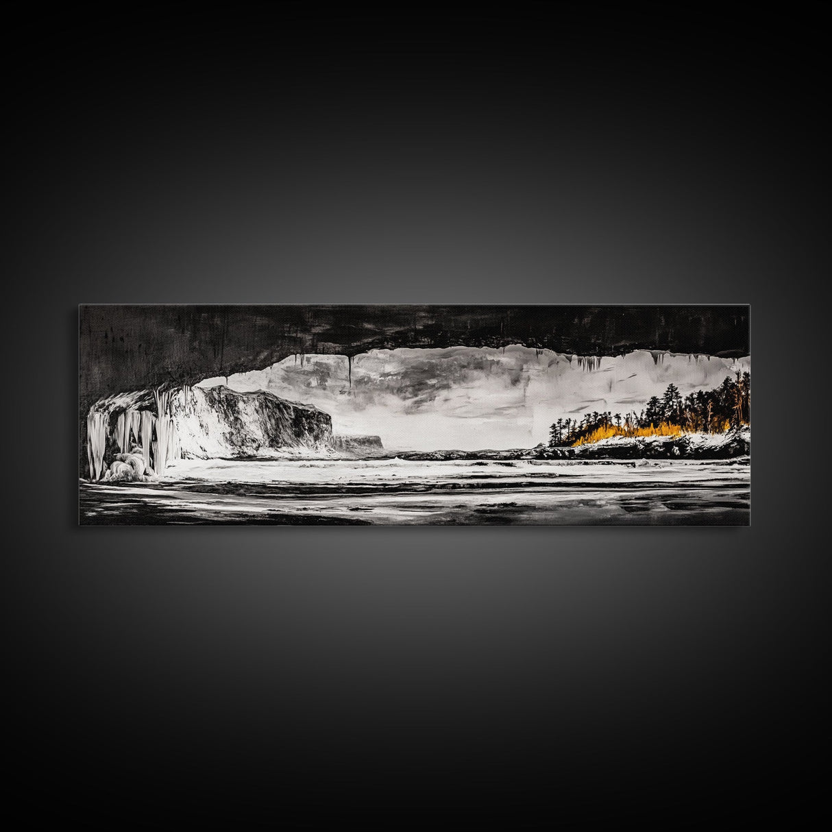 Frozen Cave, Monochrome Landscape, Framed Canvas Print, Winter Wall Art, Dramatic Nature Scene, Home Office Decor, Unique Black and White Art