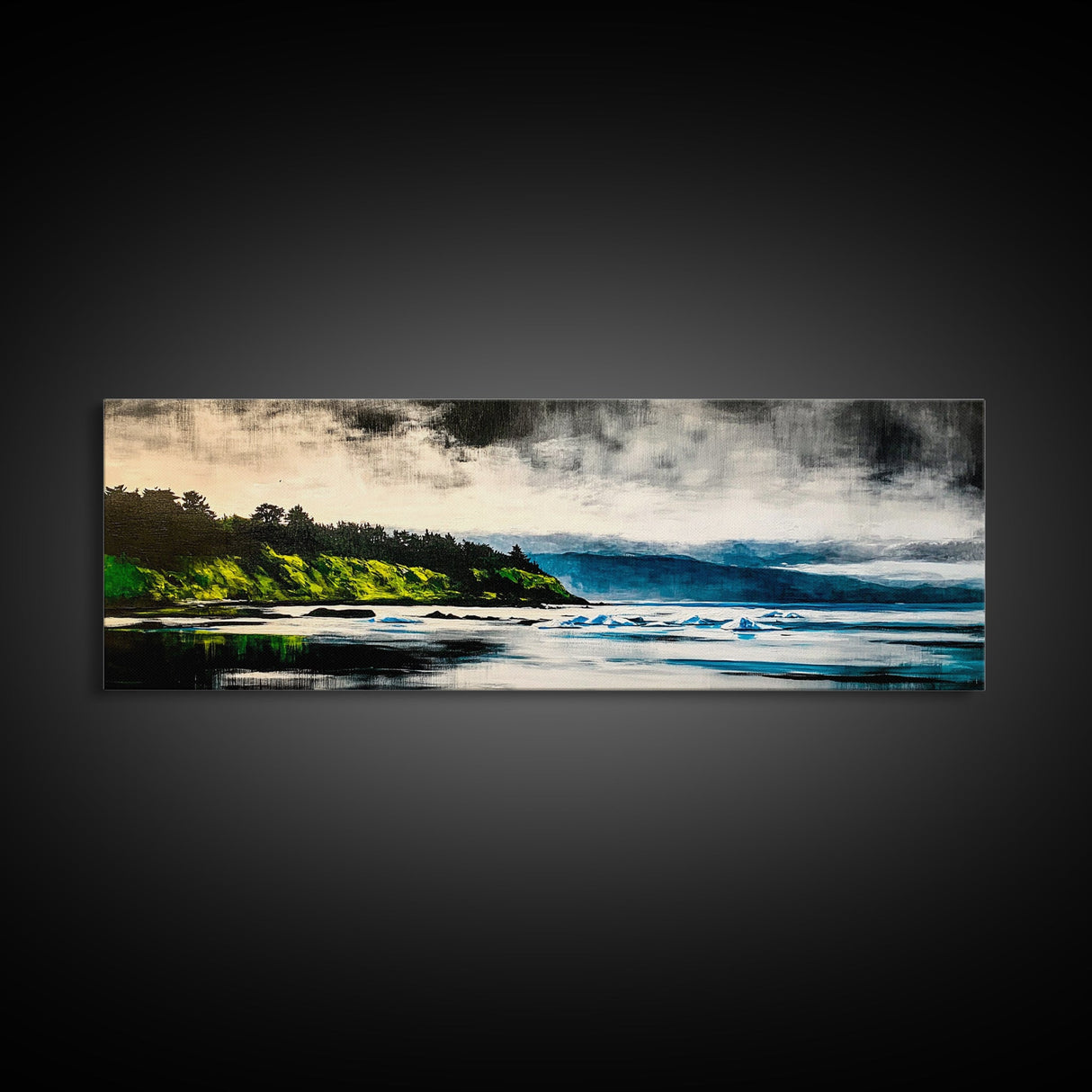 Coastal Wilderness, Green Cliffs and Water, Framed Canvas Print, Modern Nature Art, Living Room Wall Art, Bold Landscape Painting, Serene Decor