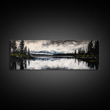 Mountain Reflection, Tranquil Lake Art, Black and White Landscape, Nature Inspired Decor, Framed Canvas Print, Cabin Wall Art, Moody Forest Scene