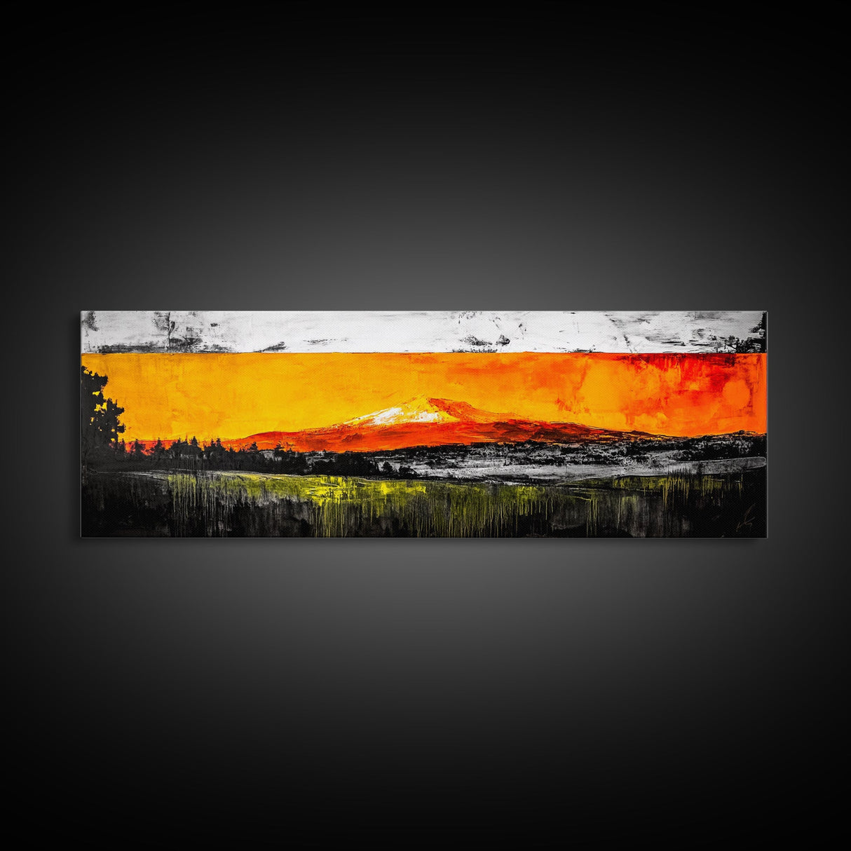 Fiery Peaks, Mountain Sunset, Landscape Painting, Framed Canvas Print, Rustic Home Art, Living Room Decor, Bold Wall Art