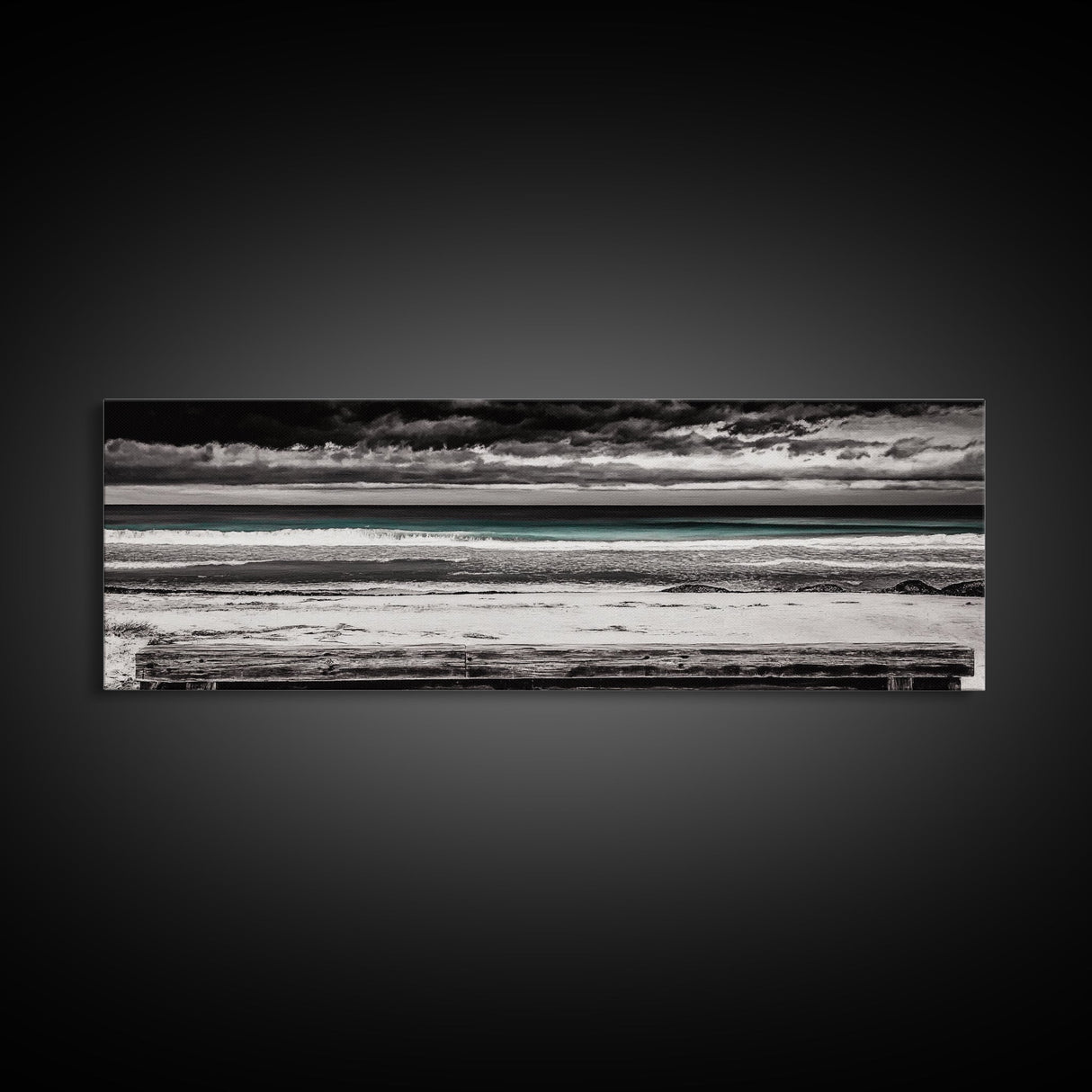 Ocean Bench, Beach Serenity, Black and White Seascape, Minimalist Art, Framed Canvas Print, Calm Coastal, Meditation Space