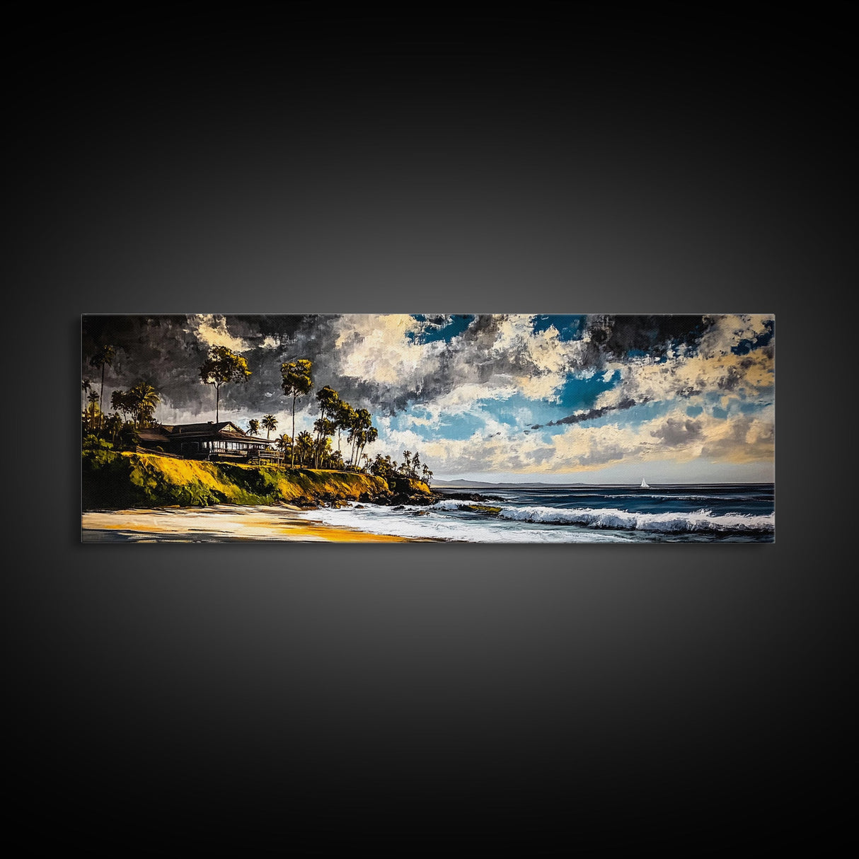 Beach Escape, Cliffside Home, Coastal Scene, Canvas Print, Ocean Landscape, Beach House Art, Nautical Decor, Living Room Artwork