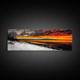 Snowy Shore, Golden Glow, Winter Sunset, Framed Canvas Print, Lake House Art, Dramatic Skies, Rustic Home Decor, Cabin Wall Art