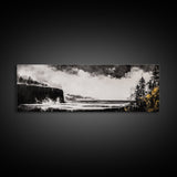 Cliffside Ocean, Dramatic Seascape, Moody Coast, Monochrome, Framed Canvas Print, Coastal Wall Art, Nautical Decor, Large Wall Art
