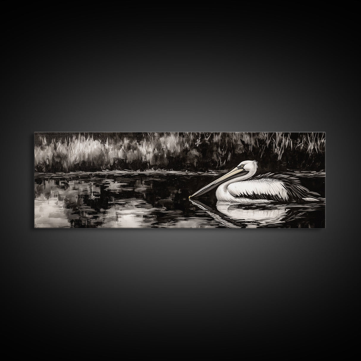 Pelican Reflection, Black White, Wildlife Art, Canvas Print, Nature Wall Art, Coastal Home Decor, Bird Lovers Gift, Monochrome Photography