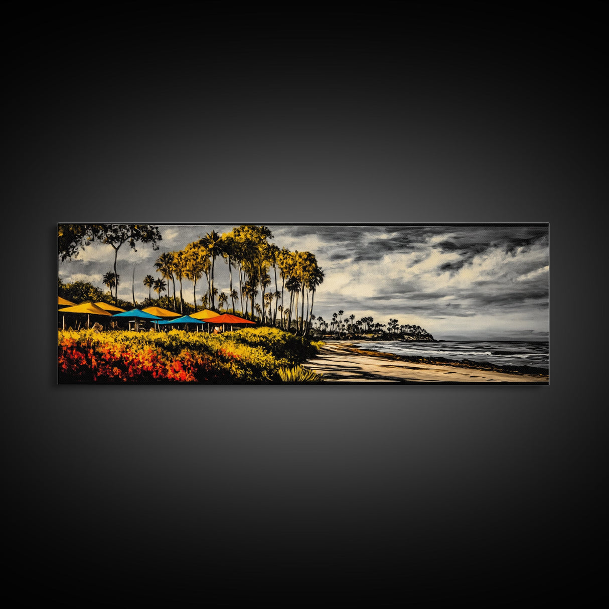 Tropical Beach, Palm Trees Art, Coastal Canvas Decor, Vibrant Ocean Art, Colorful Landscape, Living Room Wall Art, Framed Canvas Print