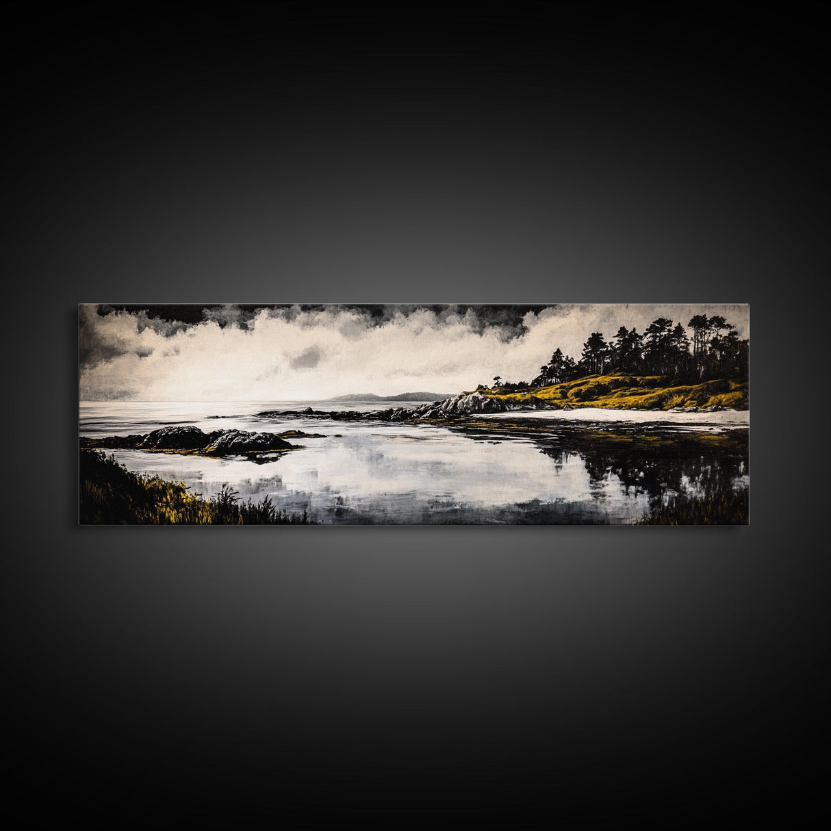 Coastal Reflection, Black White Art, Framed Canvas Print, Modern Landscape Art, Minimalist Decor, Large Wall Art, Bedroom Wall Art
