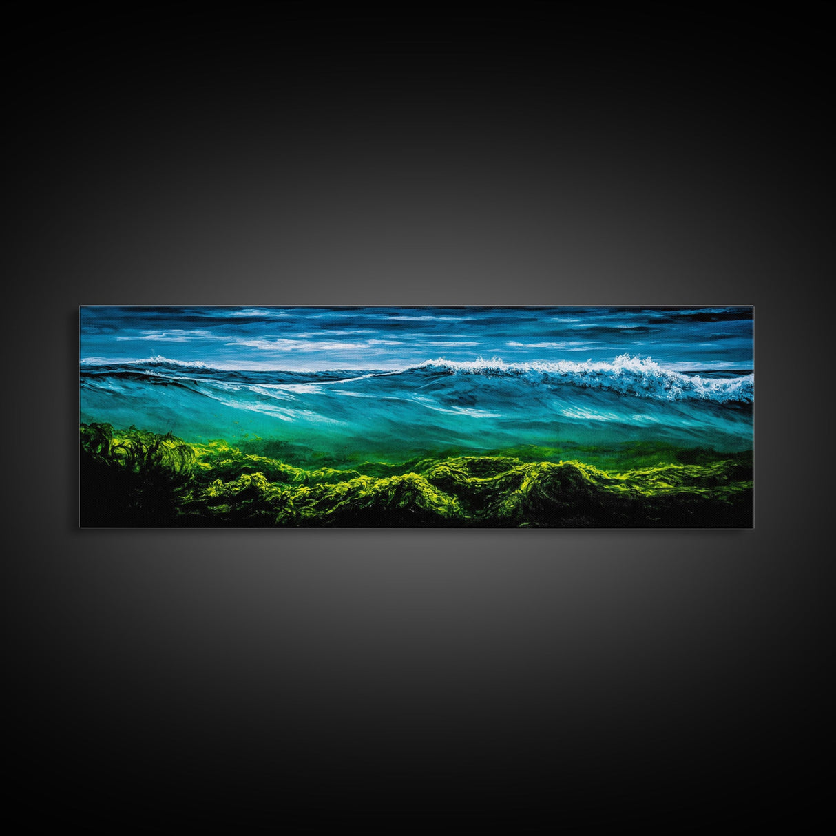 Ocean Wave, Deep Blue Seascape, Underwater Scene, Green and Blue, Coastal Home Decor, Tropical Wall Art, Framed Canvas Print