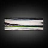 Serene Lake, Monochrome Water Art, Minimalist Nature, Dramatic Sky, Green Accent, Modern Home Wall Decor, Framed Canvas Print