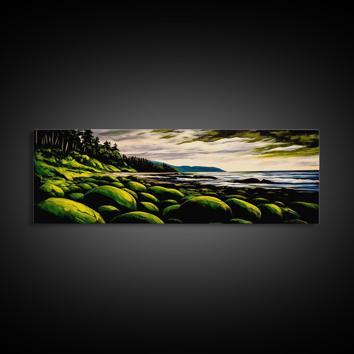Green Rocks, Coastal Landscape, Nature Wall Art, Framed Canvas Print, Scenic Ocean Painting, Beach House Decor, Serene Wall Artwork