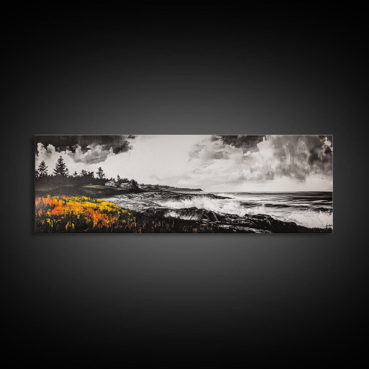Coastal Storm, Monochrome Seascape, Bold Ocean Art, Framed Canvas Print, Black White Yellow, Living Room Wall Decor, Nautical Artwork