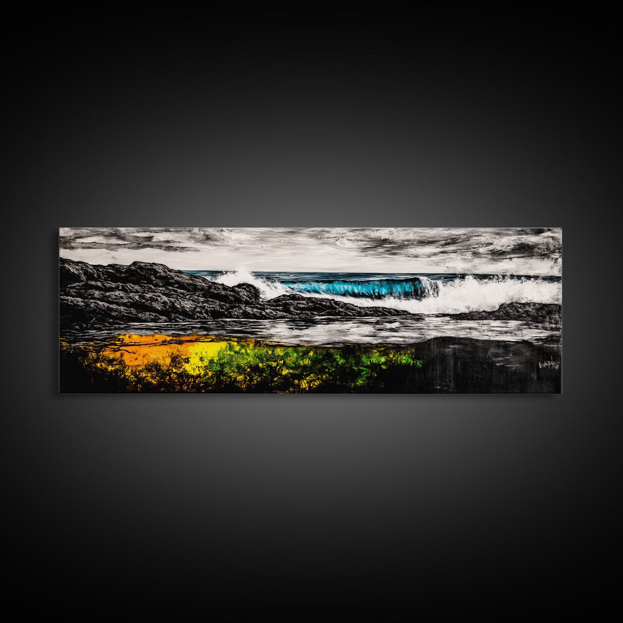 Rocky Shore, Crashing Waves, Black White Blue, Framed Canvas Print, Ocean Wave Painting, Surf Art, Minimalist Coastal Decor
