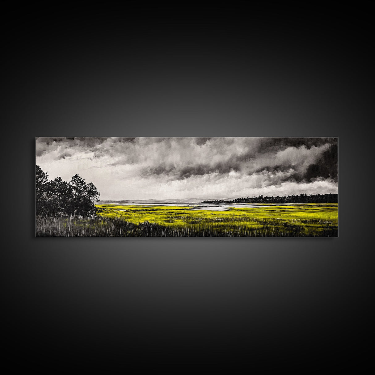 Marshland Storm, Nature Landscape, Canvas Print, Black and White Wall Art, Moody Home Decor, Living Room Artwork, Dramatic Painting, Rustic Style