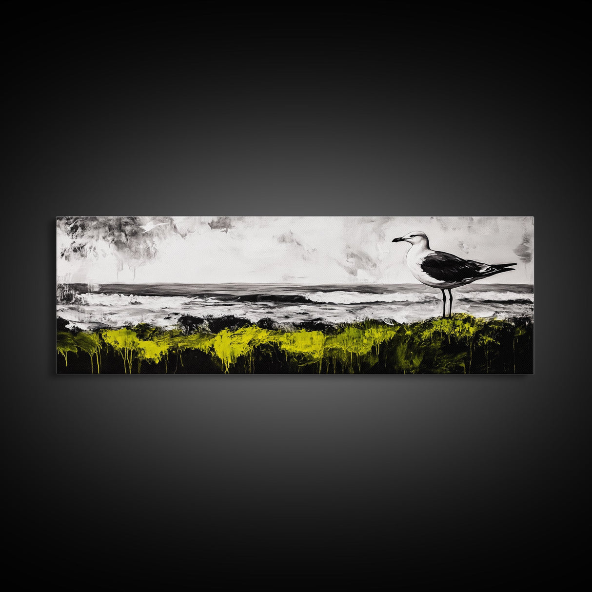 Seagull Perch, Ocean Shore, Moody Sky, Framed Canvas Print, Coastal Wall Art, Beach House Decor, Nautical Artwork, Nature Inspired
