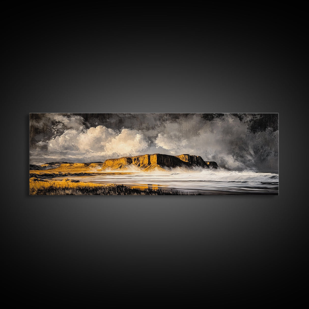 Mountain Coastline, Ocean Waves, Dramatic Sky, Canvas Print, Rugged Seascape Painting, Nature Wall Art, Living Room Accent Piece