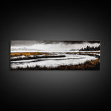 Snowy River Artwork, Mountain Landscape Painting, Rustic Winter Decor, Black and White Wall Art, Nature Print, Living Room Art, Canvas Print