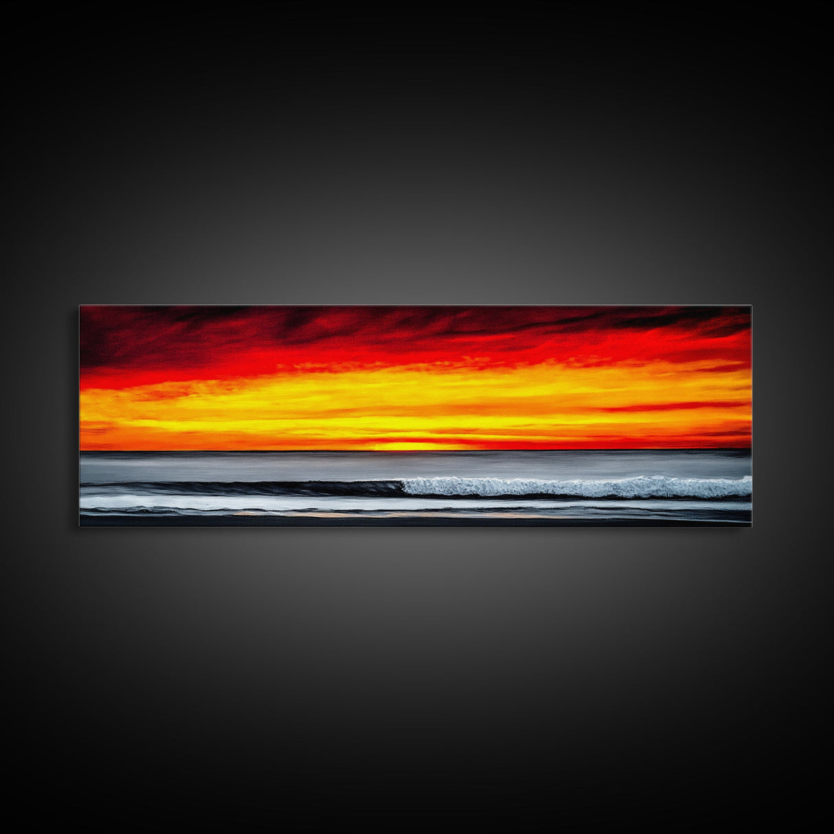 Fiery Sunset Seascape, Dramatic Ocean Painting, Bold Sunset Wall Art, Beach Vibes Decor, Coastal Home Art, Bedroom Wall Artwork, Canvas Print