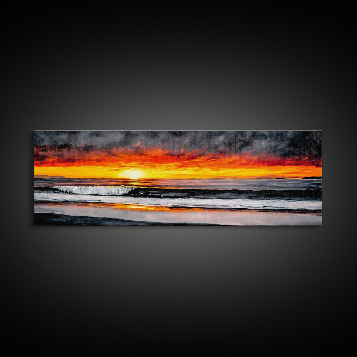 Fiery Sunset Over Ocean, Vibrant Beach Painting, Red and Yellow Sky Wall Art, Coastal Home Decor, Seascape Art, Living Room Artwork, Canvas Print