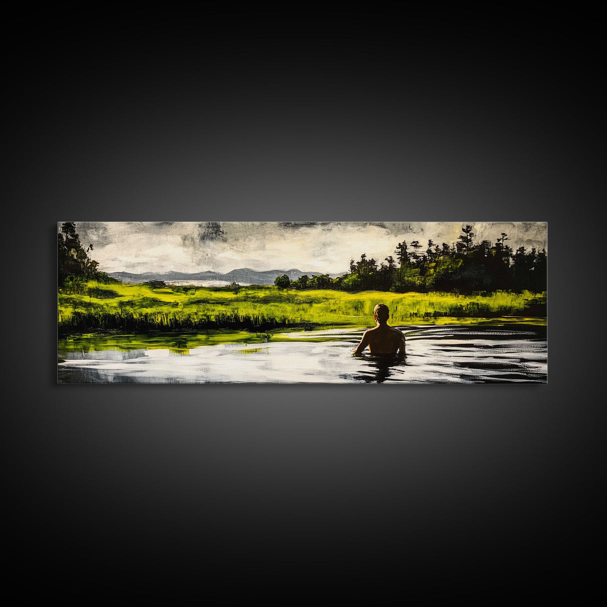 Man, Water, Reflection, Framed Canvas Print, Serene Landscape Art, Tranquil Wall Decor, Nature Inspired Painting, Moody Green Aesthetic
