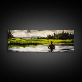Man, Water, Reflection, Framed Canvas Print, Serene Landscape Art, Tranquil Wall Decor, Nature Inspired Painting, Moody Green Aesthetic