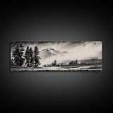 Mountain, Misty Landscape, Black and White, Forest, Framed Canvas Print, Large Wall Art, Minimalist Art, Modern Home Decor, Bedroom Wall Art