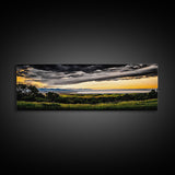 Golden Field, Sunset Overlook, Nature Landscape, Framed Canvas Print, Dramatic Sky, Rolling Hills, Rustic Farmhouse Decor, Large Wall Art
