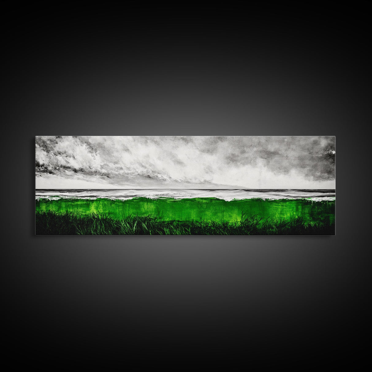 Green Ocean, Coastal Storm, Vibrant Seascape, Framed Canvas Print, Beach Art, Abstract Ocean Painting, Minimalist Wall Decor, Living Room Art