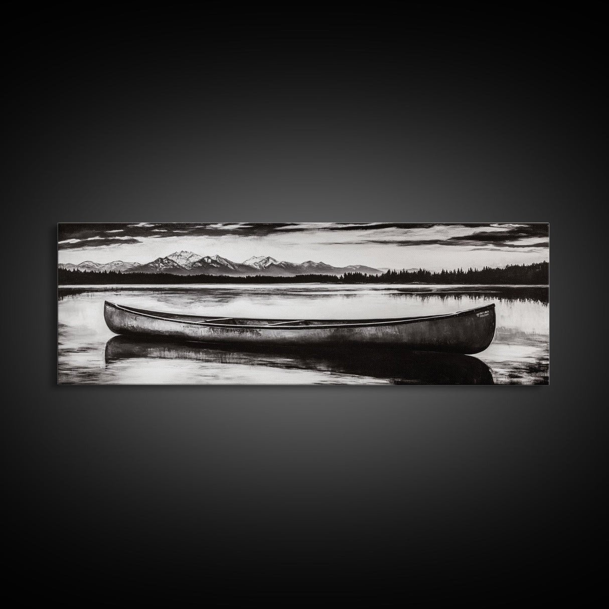 Mountain Reflections, Canoe Art, Wilderness Wall Decor, Canvas Print, Black and White Landscape, Lake House Art, Rustic Cabin Art