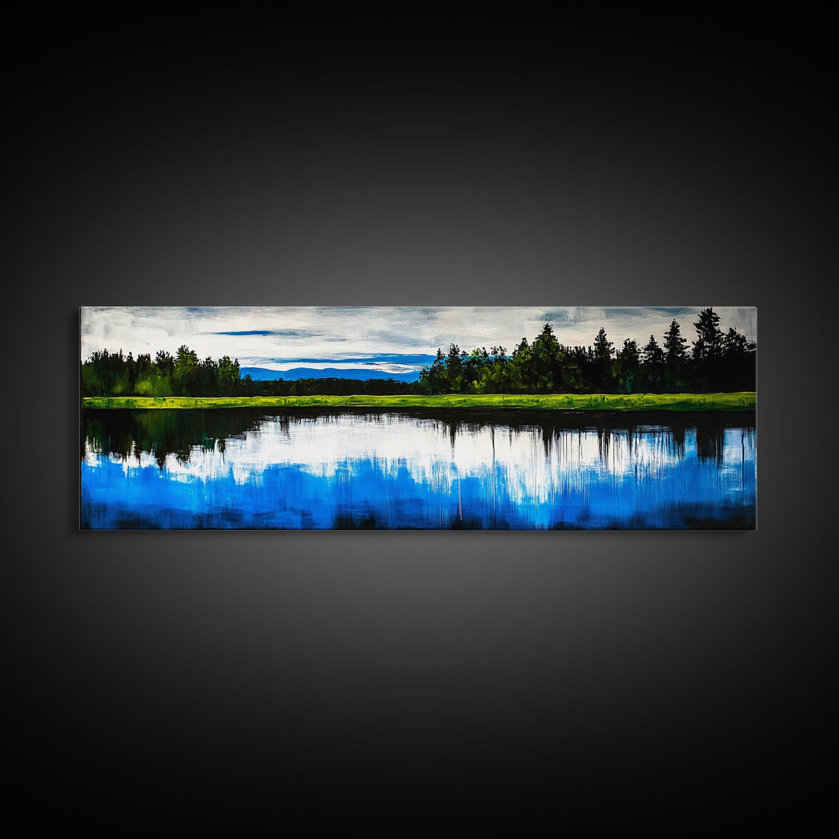 Lake Reflection, Blue Sky, Green Landscape, Framed Canvas Print, Large Wall Art, Nature Painting, Office Decor, Living Room Wall Art