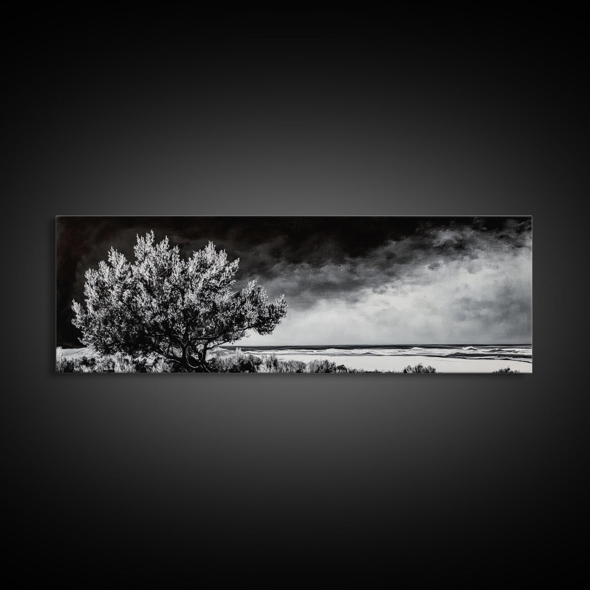 Monochrome Tree Art, Dramatic Nature Painting, Black and White Wall Decor, Minimalist Forest Print, Modern Office Art, Framed Canvas Print