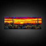 Desert Sunset Art, Vibrant Cactus Painting, Warm Boho Landscape, Southwestern Wall Decor, Bold Nature Print, Framed Canvas Print