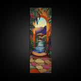 Tropical Archway, Retreat Painting, Framed Canvas Print, vibrant Mediterranean garden, doorway wall art, boho home décor, living room