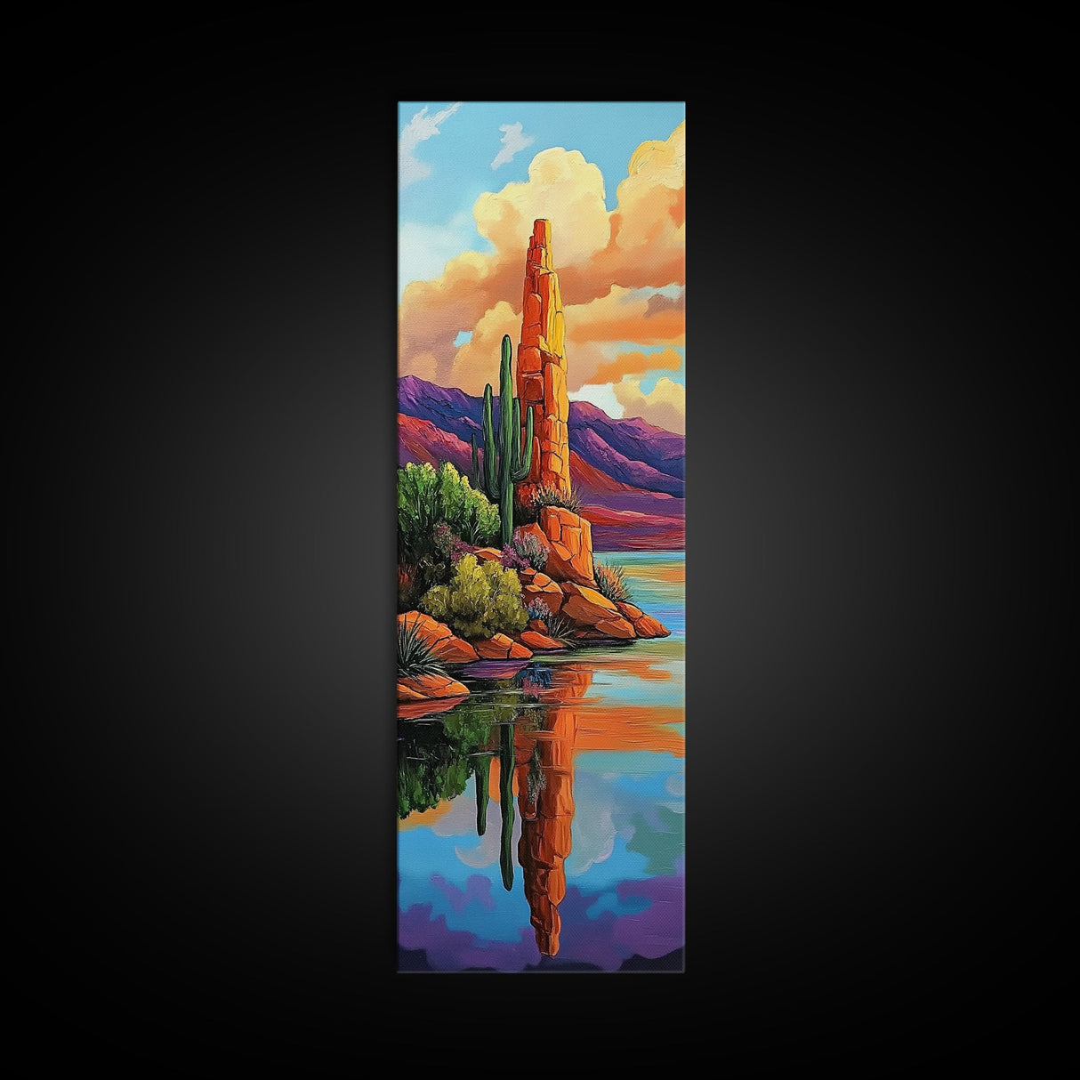 Desert Cactus, Reflection Art, Framed Canvas Print, bold southwest landscape, cacti and red rock lake scene, rustic style living room wall art