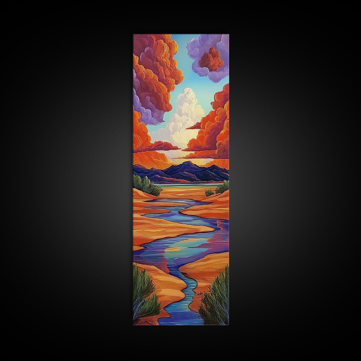 Desert River, Sky Painting, Framed Canvas Print, warm southwestern stream view landscape, bold clouds, boho decor, office wall art