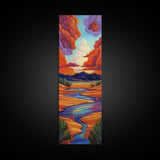 Desert River, Sky Painting, Framed Canvas Print, warm southwestern stream view landscape, bold clouds, boho decor, office wall art