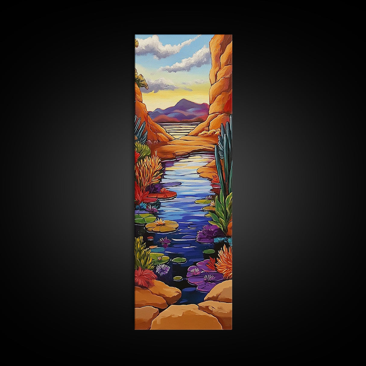 Pond Lilies, Canyon Scene, Framed Canvas Print, colorful lily pond canyon art, desert blooms, bold nature painting, dining room wall art