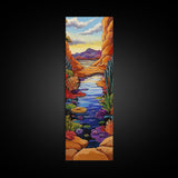 Pond Lilies, Canyon Scene, Framed Canvas Print, colorful lily pond canyon art, desert blooms, bold nature painting, dining room wall art