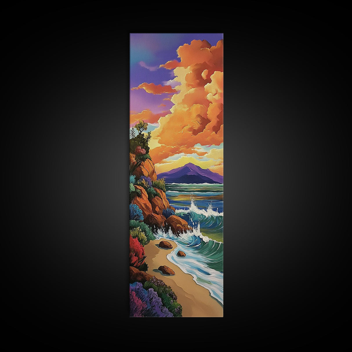 Beach Cliffs, Sunset Painting, Framed Canvas Print coastal cliffside view with crashing waves vibrant beach wall art tropical living room décor